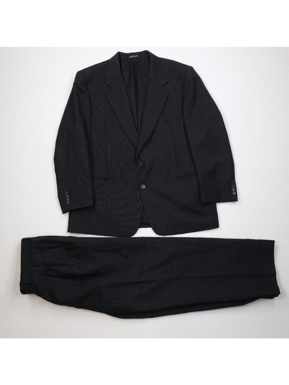 Vtg 90s Streetwear Mens 46S 2 Piece Wool Pinstriped Suit Wide Leg 41x29 Black